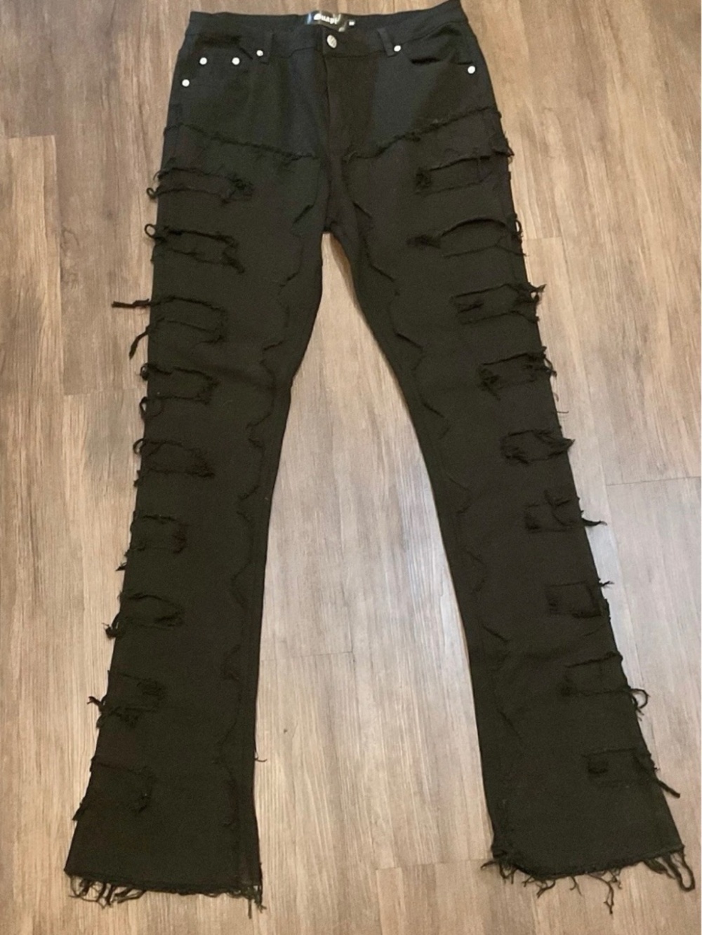 Guapi Mens Black Obsidian Blood Diamond Stacked Denim Fringe Pants Size 36x38